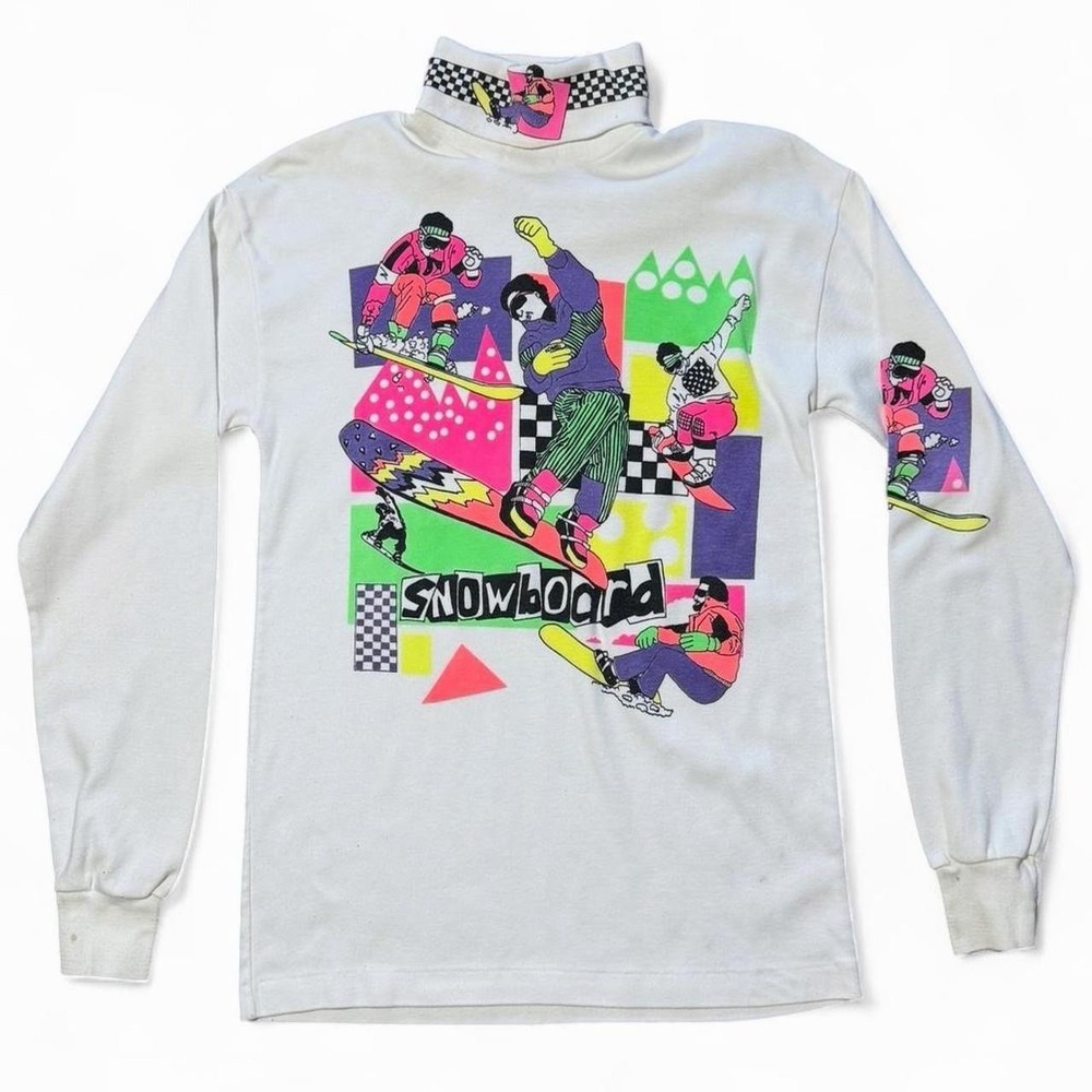 Vintage 80s Neon Graphic Snowboard Art Abstract Long Sleeve Turtleneck Medium